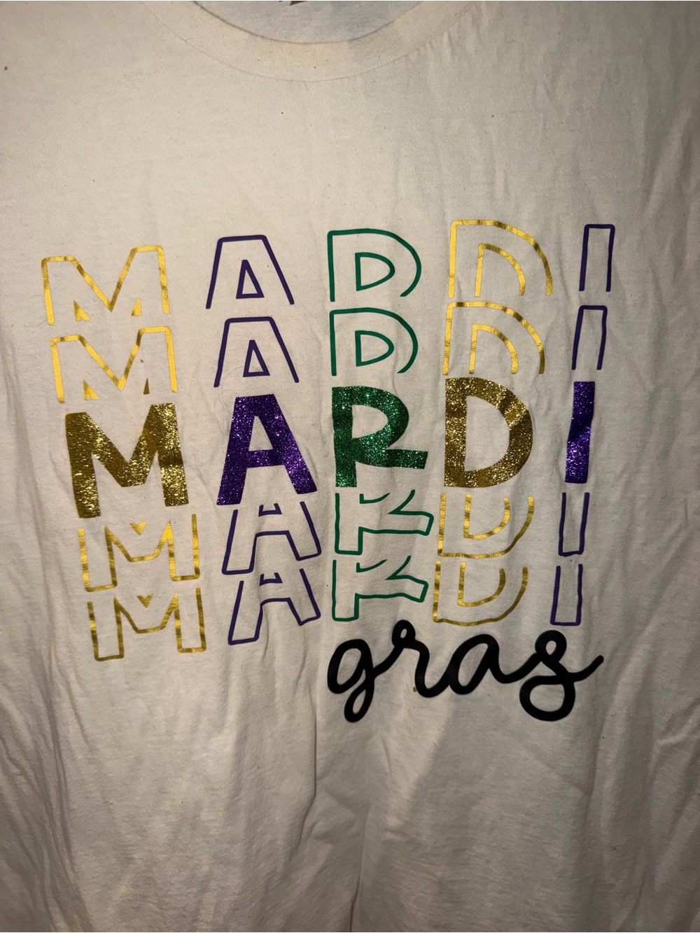 Gildan Cream Mardi Gras Graphic Tee with Gold Purple Green Accents - Picture 2 of 3